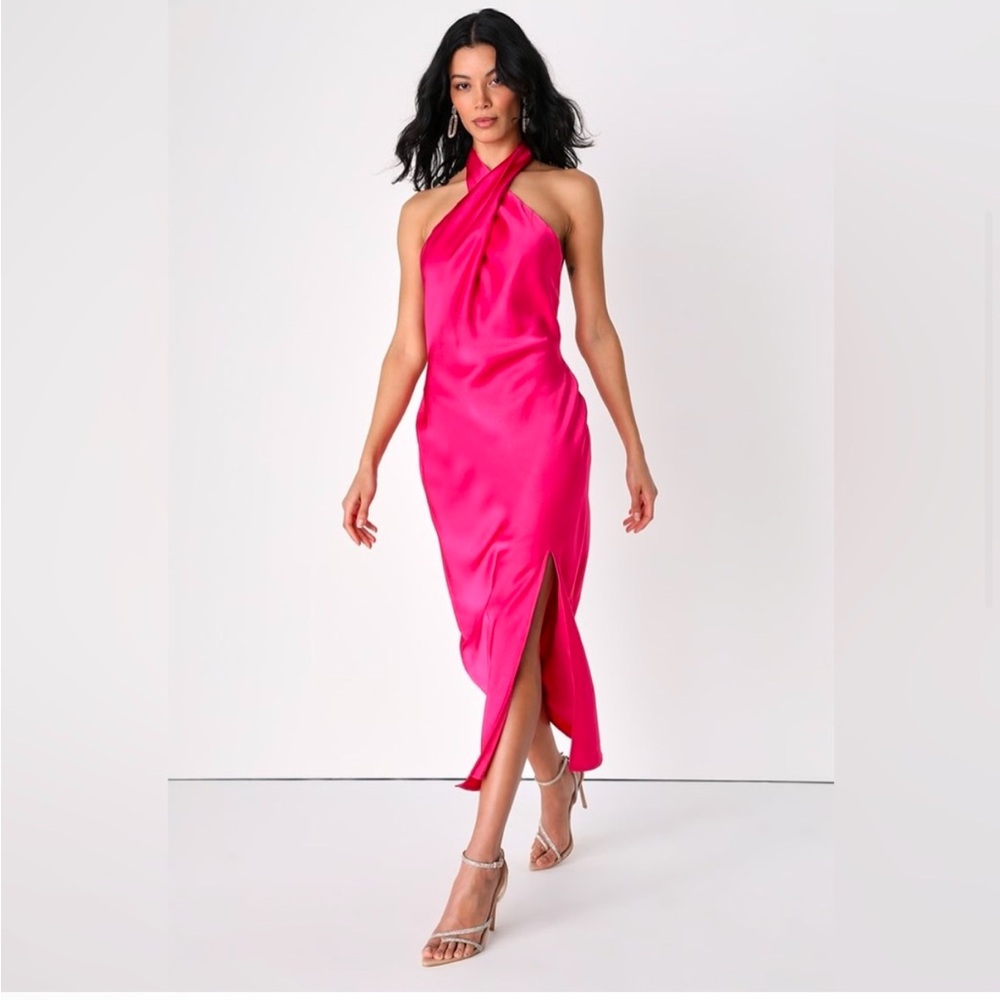 Lulus new Beyond Classy Hot Pink Satin Halter Lined Fitted Midi Dress small